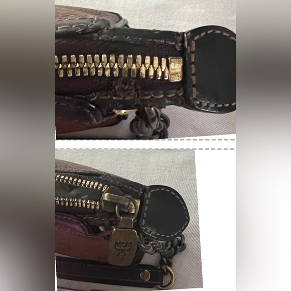 MCM Handbag Brown Black Leather Satchel Visetos Chain Strap Zip Clutch Purse - Picture 12 of 14